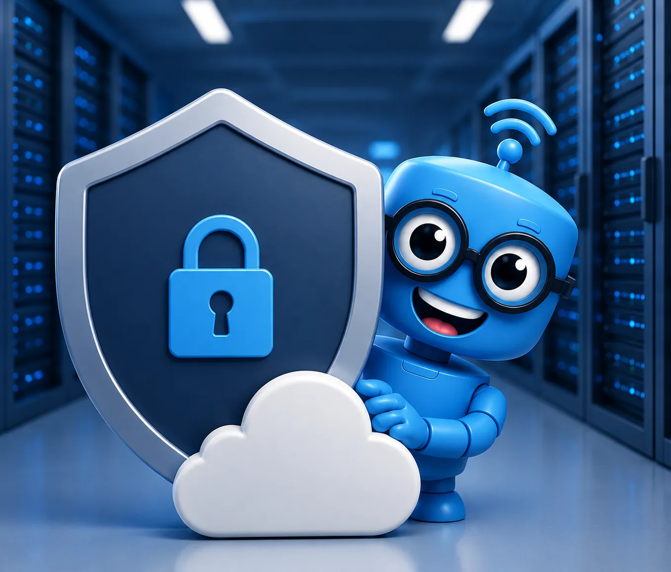 Blue robot illustrating web hosting features and cloud services.