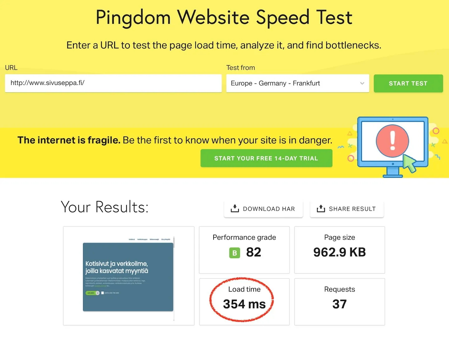 Pingdom speed test result: front page load time of 354 milliseconds with Nginx caching