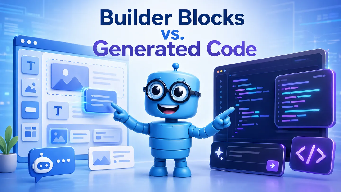 Friendly blue robot comparing builder blocks and generated code