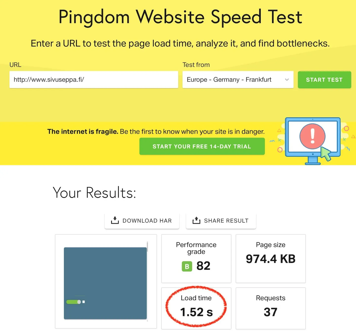 Pingdom speed test result: front page load time of 1.52 seconds on a Hostaan server
