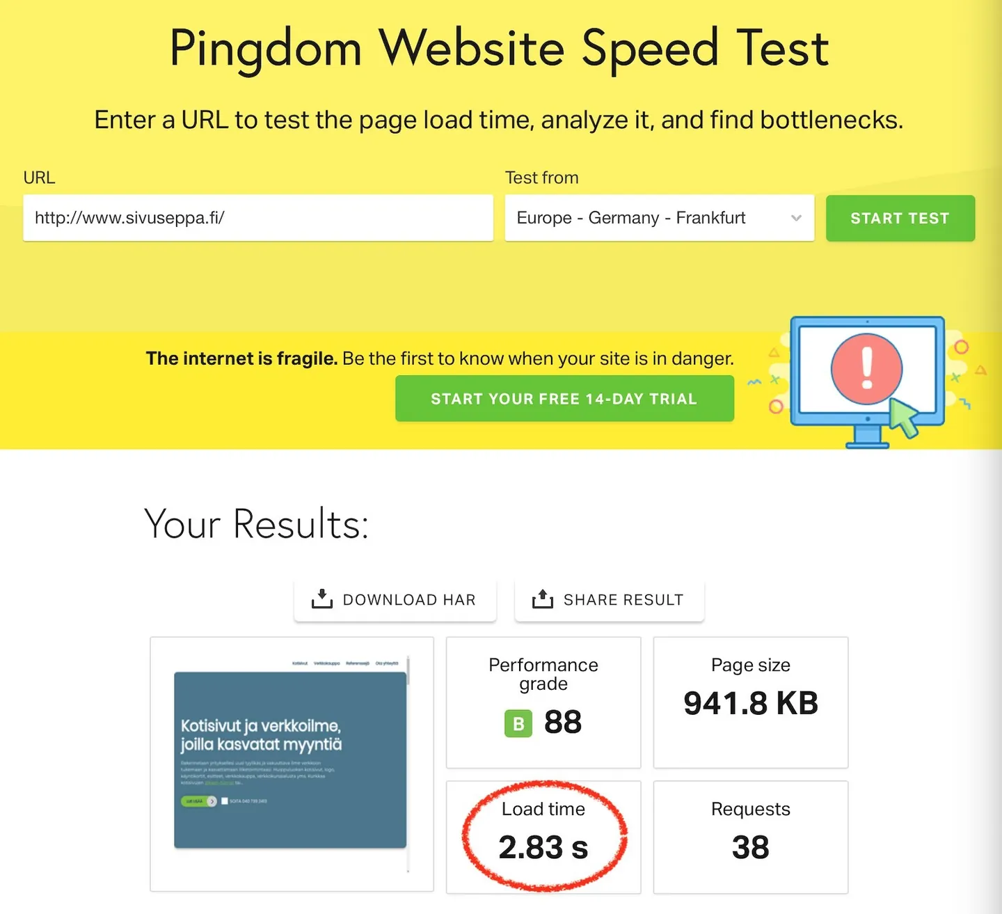 Pingdom speed test result: Sivuseppä front page load time of 2.83 seconds on the old server