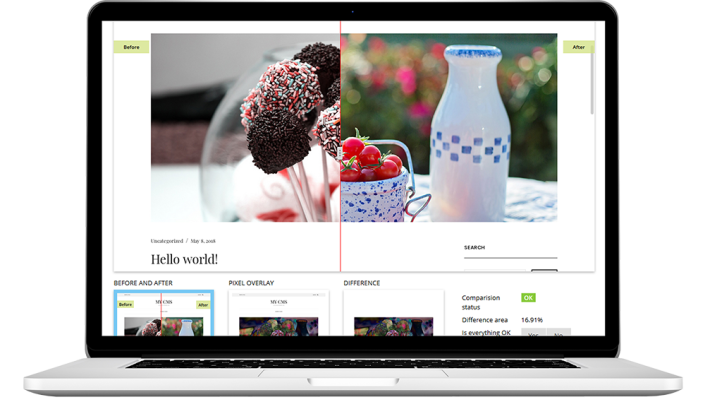 Laptop showing a Smart Updates before-and-after comparison of a site update