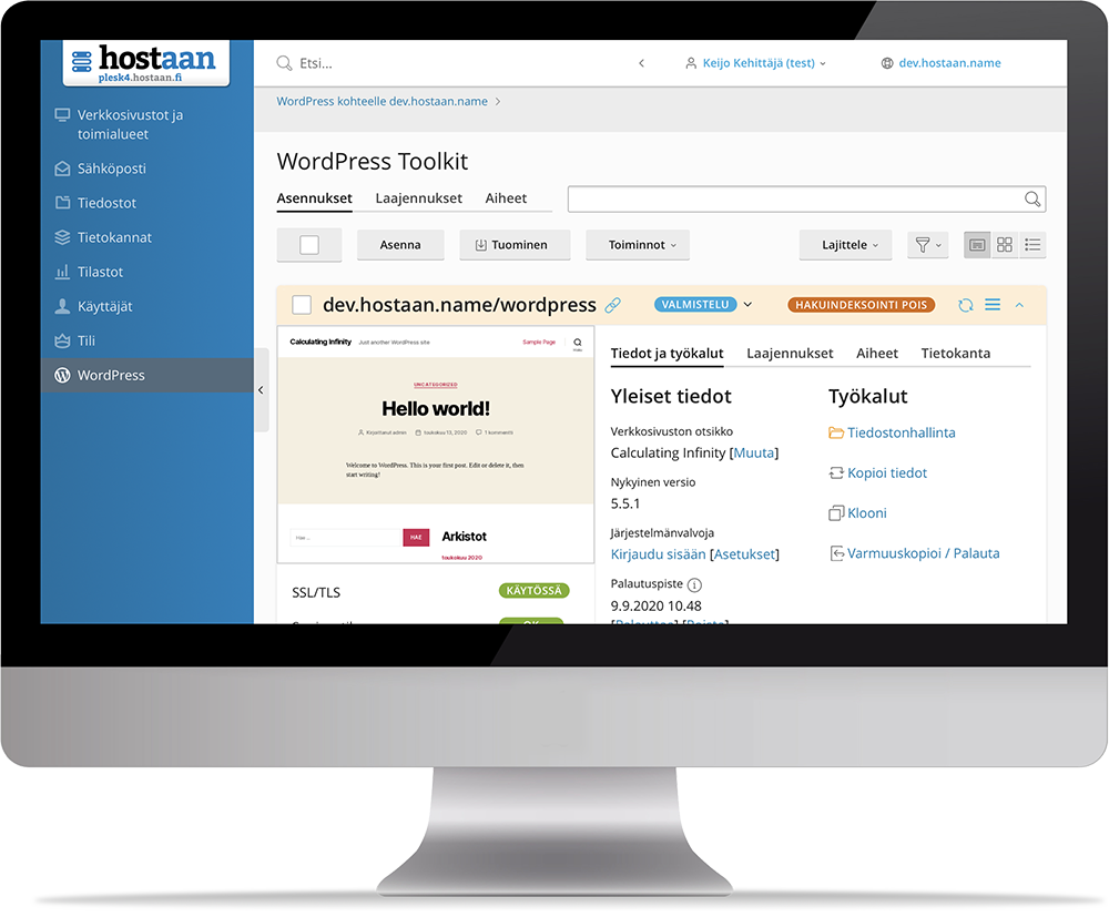 WordPress Toolkit in Plesk on a desktop screen, showing a WordPress installation and its tools