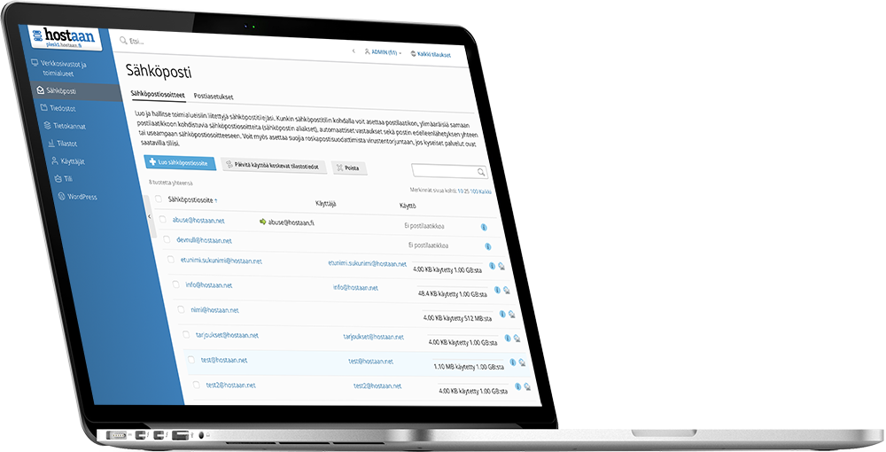 Plesk email address management view on a laptop screen