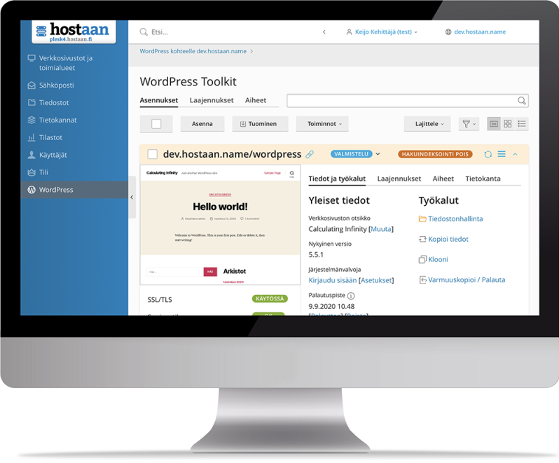 Plesk control panel showing WordPress Toolkit and site tools