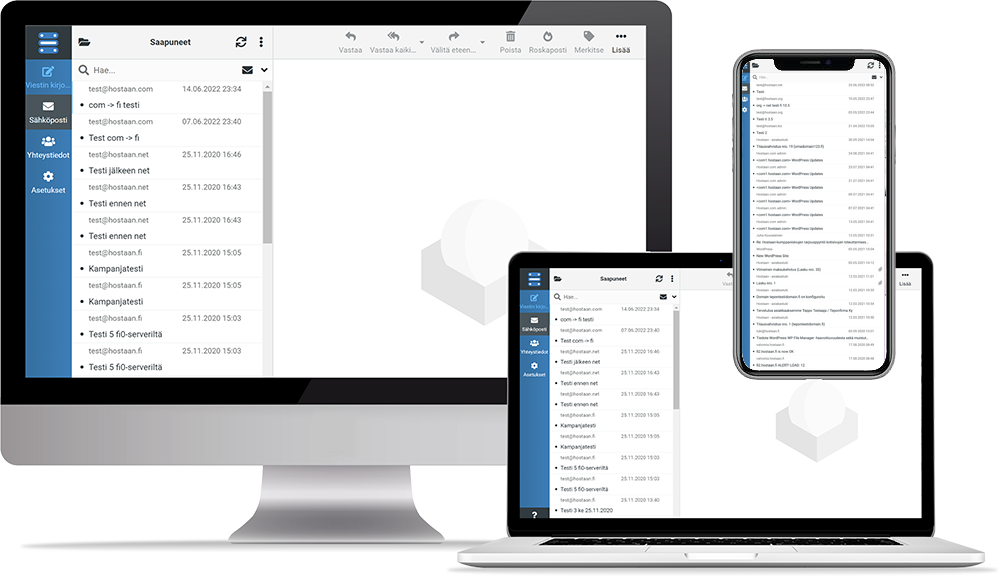 Webmail inbox on a desktop computer, a laptop and a phone