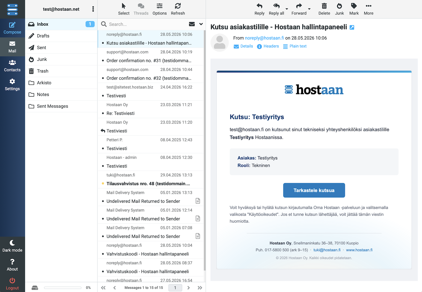 Roundcube webmail inbox