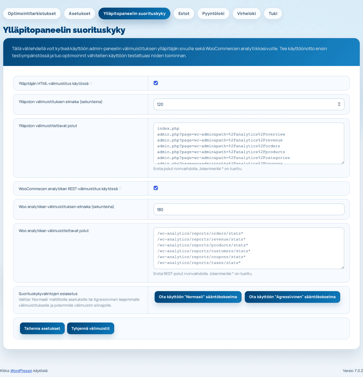 The Backend Performance tab of the Hostaan plugin with its cache settings