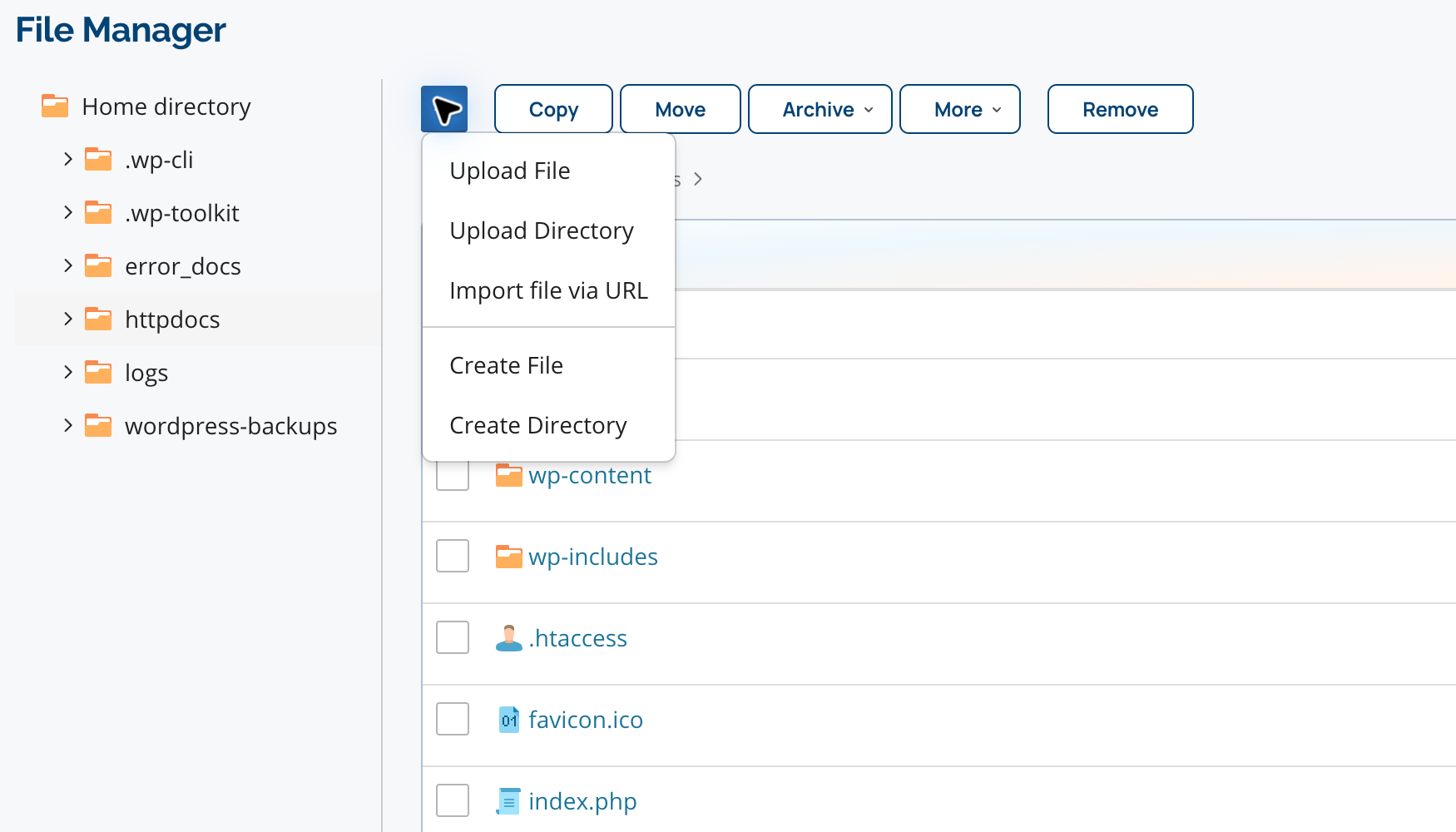 Plesk File Manager — upload