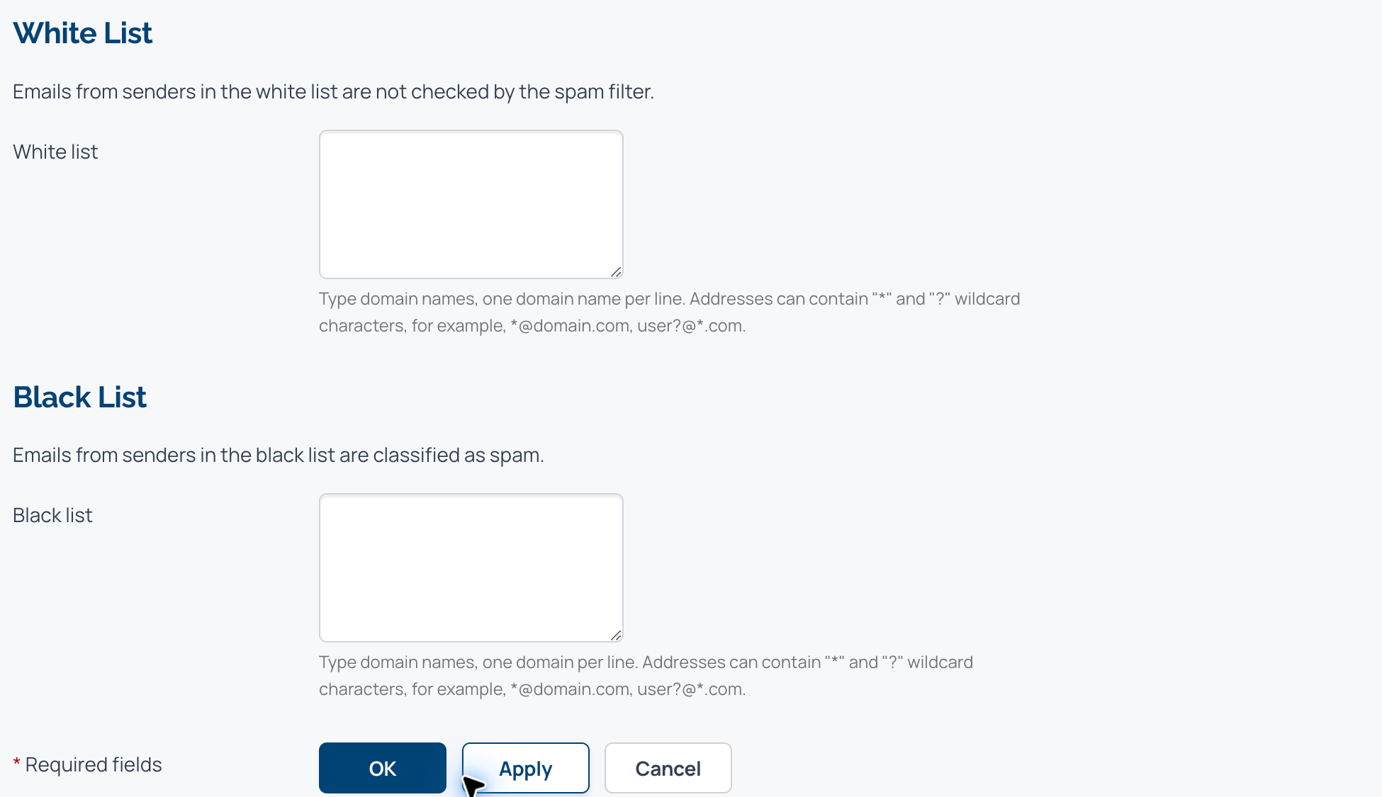Spam filter white list and black list