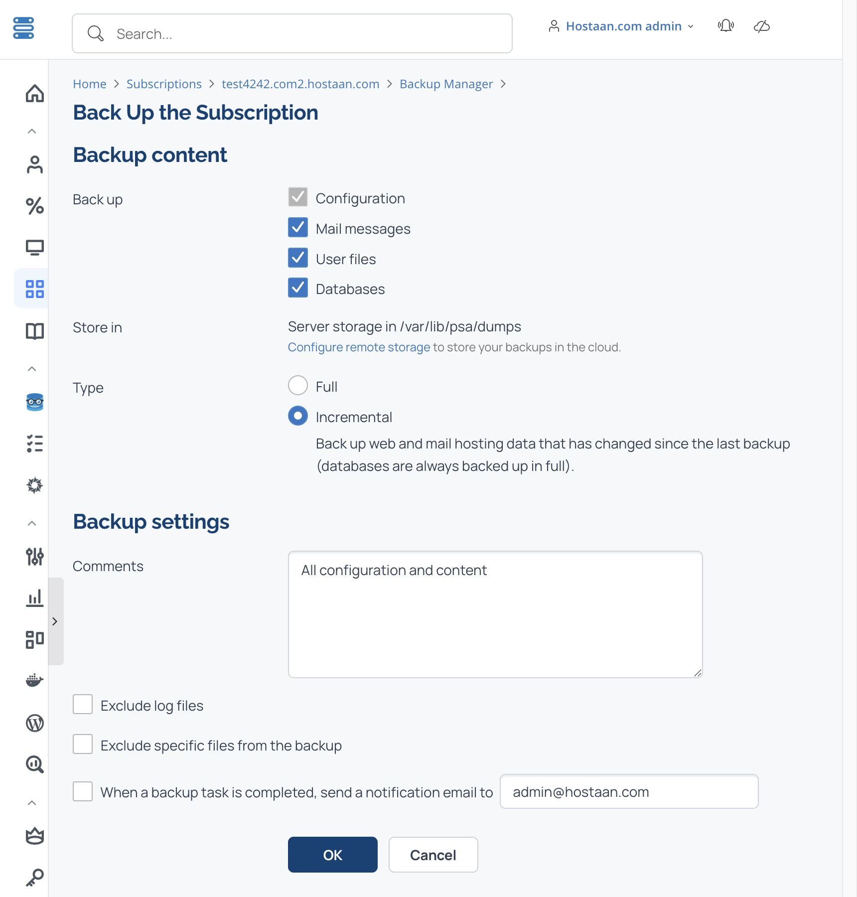 Backup content, backup type and confirmation