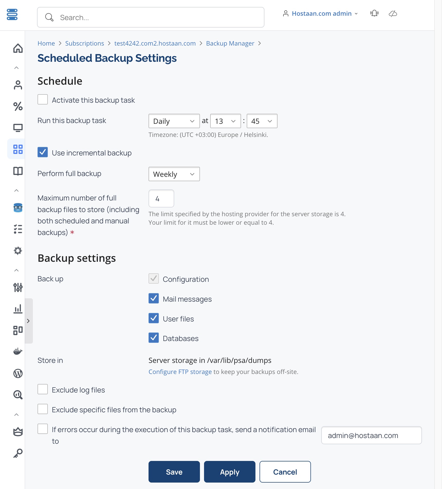 Enable the scheduled backup and set time and retention