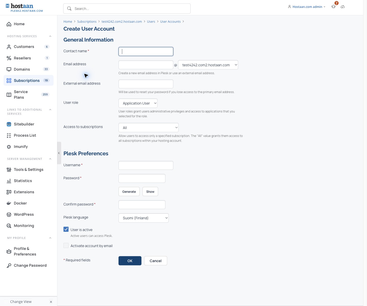 Contact details, user role and login credentials