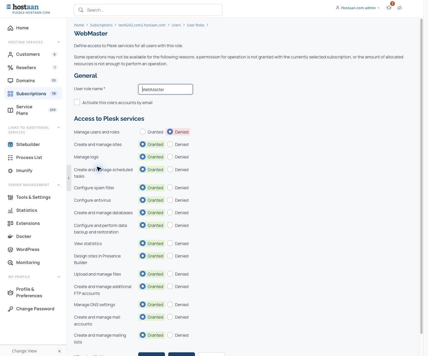 User role name and granted or denied permissions