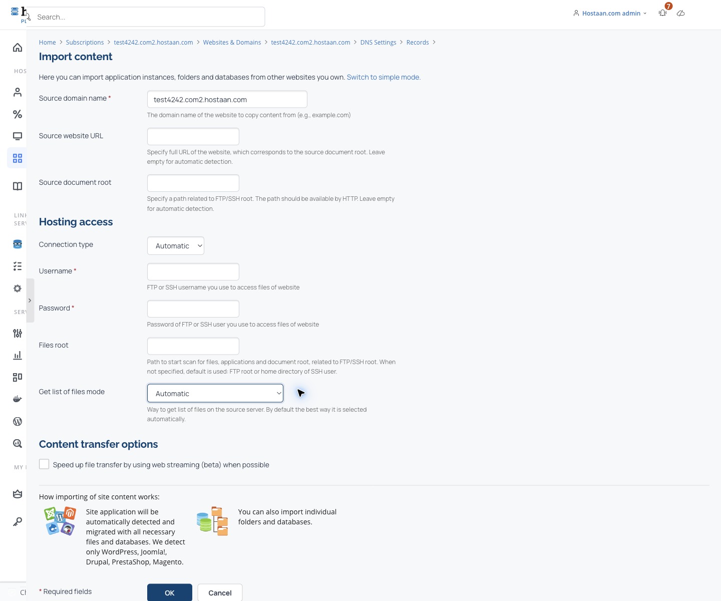 Source website, connection type and file listing mode