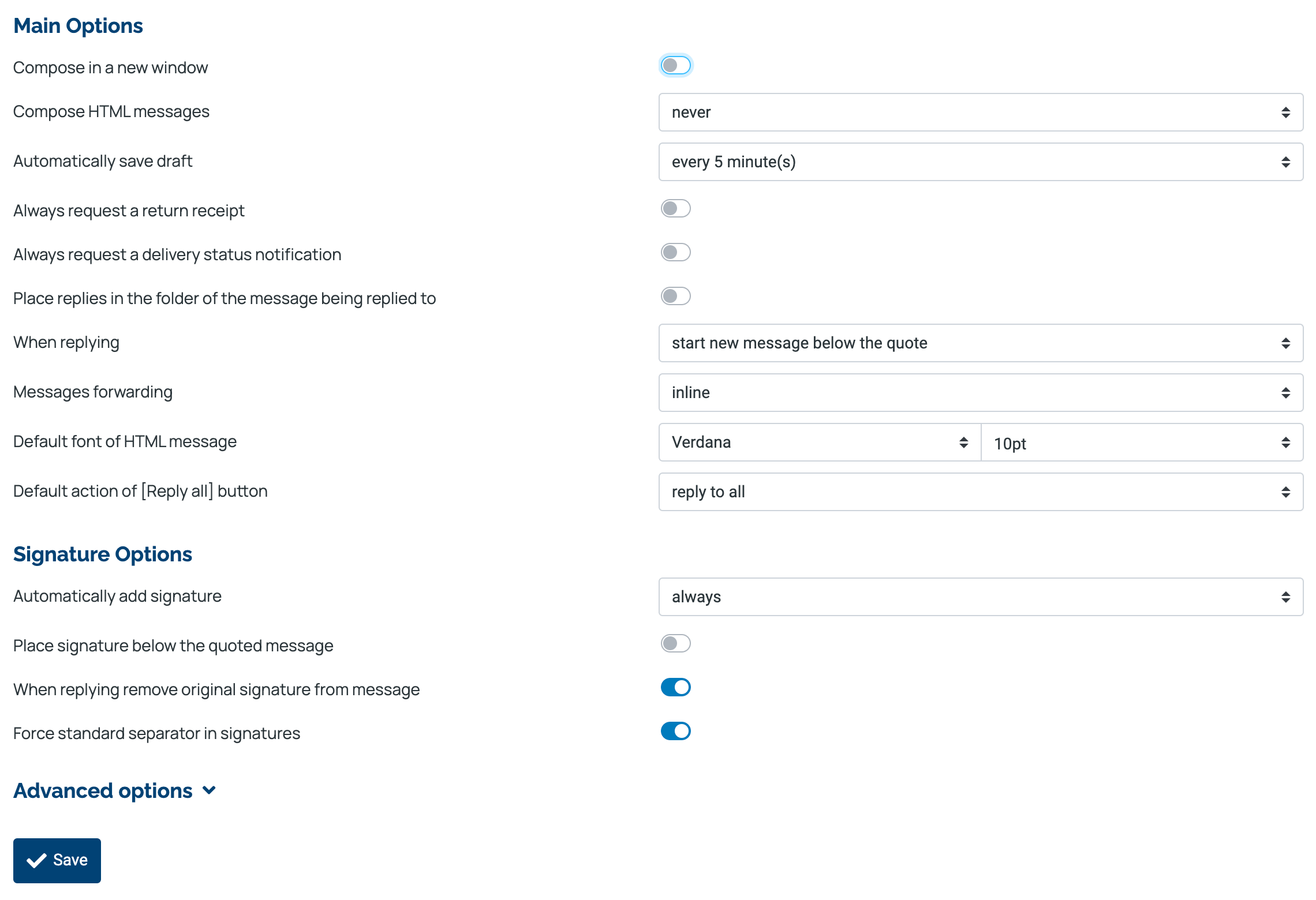 Roundcube — composing settings